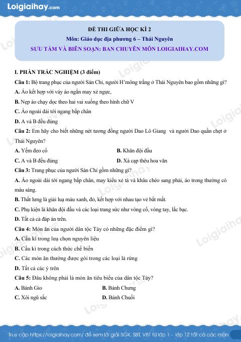 Đề thi giữa kì 2 GDĐP 6 Thái Nguyên - loigiaihay.com